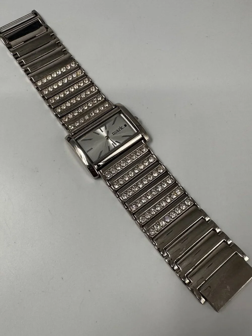 Mark by Avon Watch Womens Silver Tone Square Dial Rhinestones New Battery 7.5